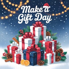 Festive gifts and make a gift day message in a snowy winter wonderland scene