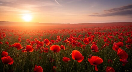 Fototapeta premium A Captivating Poppy Field at Sunrise: An Extensive Vista of Vibrant Red Flowers at Dawn