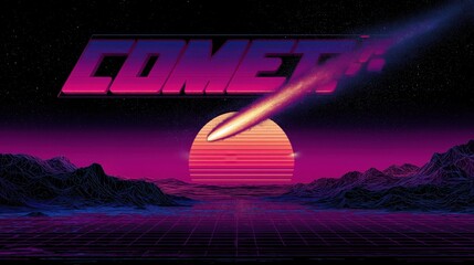 Bold Retro Futurism with vibrant Synthwave landscape, glowing Comet, and grid-style 3D Typography—ideal for posters, NFTs, or music covers.