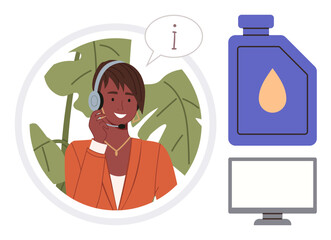 Smiling support agent with headset, speech bubble in circle frame, packaging bottle with drop icon, blank monitor. Ideal for customer service, product support, e-commerce, communication, online help