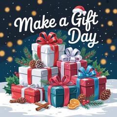 Festive gifts and make a gift day message in a snowy winter wonderland scene