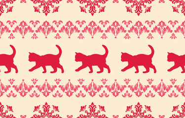 Vector seamless pattern with cat silhouettes and tribal geometric motifs. Monochrome design. Use this pattern for creating pet themed designs, textile prints, packaging, and more. Perfect for cat love