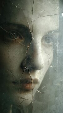 Mysterious Female Face Reflected in Broken Mirror with Cracked Glass Fragments Artistic Conceptual Portrait for Mental Health Identity Disorder Theme

