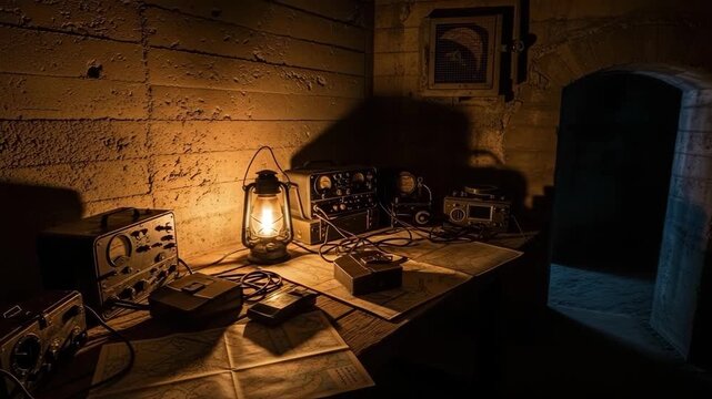 Vintage Military Radio Transmitter Station in Underground Bunker Illuminated by Oil Lantern Atmospheric WWII Communication Equipment Historical Setting

