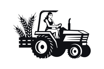Woman driving black tractor carrying wheat, showcasing agriculture and farming techniques © Bablu
