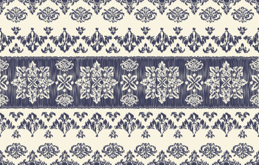 Stylish seamless pattern with geometric snowflake or star motifs. Dark blue and white color palette. Suitable for winter apparel, home decor, holiday packaging, and festive projects.