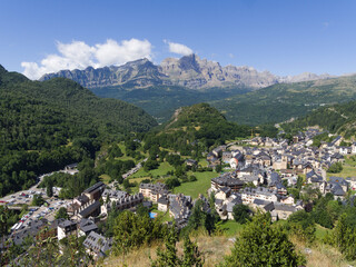Fototapeta premium Scenic, modern village for summer and winter activities on the Pyrenees mountain range