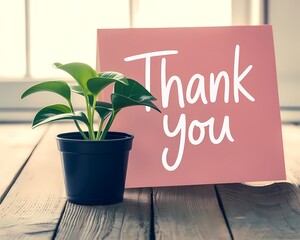 Thank you card with a plant on a wooden table indoors near window