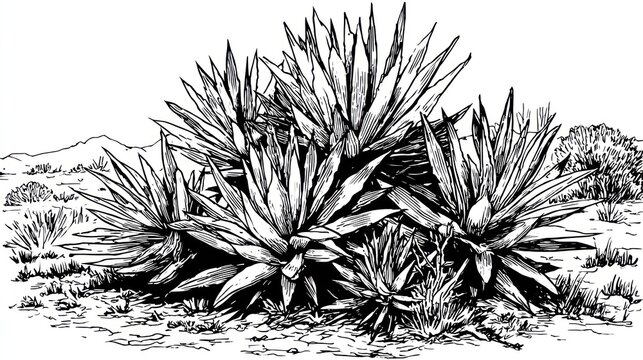 Ink drawing of agave plants growing in a desert landscape environment