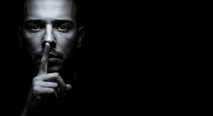 Serious man with finger on lips in dark dramatic portrait signaling silence and secrecy, strong expression and copy space for message overlay
