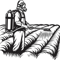 Worker in hazmat suit sprays crops with insecticide for plant disease and pest control