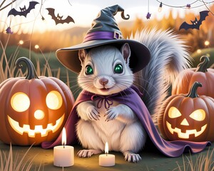 Squirrel wearing a witch hat surrounded by pumpkins and bats at halloween