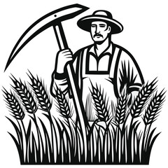 Moustached farmer in overalls stands in wheat field holding a scythe above