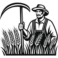 Bearded farmer in overalls holds a scythe, standing amid a field of wheat