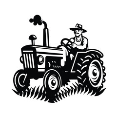 Farmer with hat drives a vintage tractor with smoke rising up in black and white