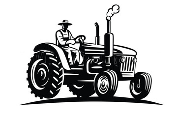 Black and white drawing shows a farmer driving an old tractor with smoke