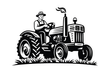 Black and white farmer operating vintage tractor through field with smoke flowing from the exhaust