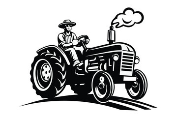 Farmer is cheerfully driving a vintage tractor while smoke comes out of the engine