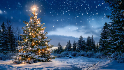 Snowy winter night features a beautifully lit Christmas tree surrounded by serene nature under a starry sky with gentle snowfall and a peaceful atmosphere