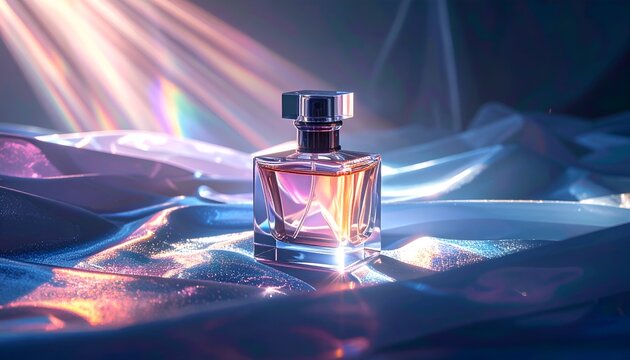 Elegant perfume bottle sits on shimmering fabric under iridescent light, creating a luxurious vibe