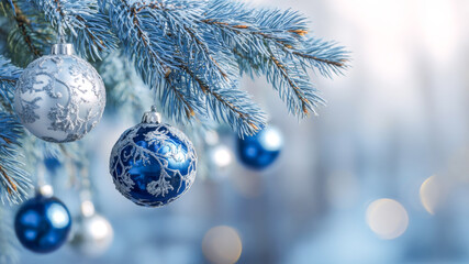 Beautifully decorated pine tree branches adorned with shimmering blue and silver ornaments create a magical winter wonderland perfect for the holiday season