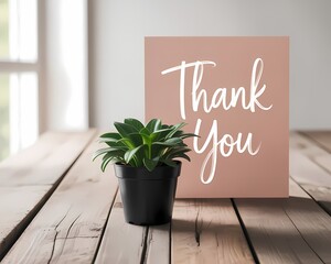 Thank you card with succulent plant on wooden table against blurred background