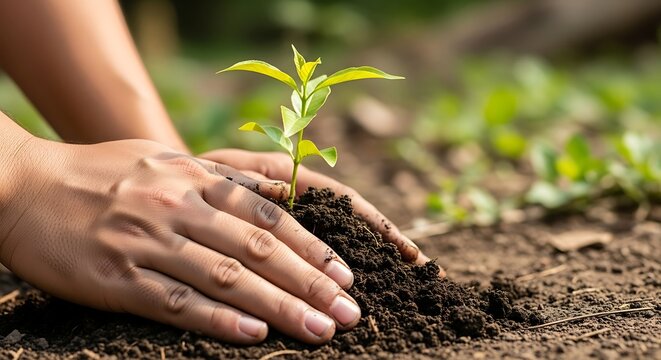 Close-up of hands carefully planting a seedling, embodying growth and environmental stewardship - Powered by Adobe