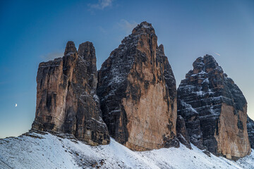 The beautiful snow-capped Dolomite Mountains around Tre Cime and Cadini di Misurina - captured at...