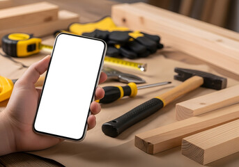 Hand holding smartphone with blank screen surrounded by woodworking tools on wooden surface, perfect for carpentry app advertisement