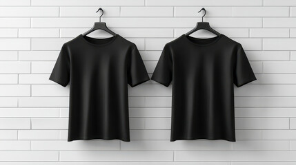Two Blank Black T-Shirts on White Walls for Custom Graphic Design Mockup Showcase in Minimalist Setting