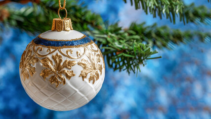 Beautifully crafted Christmas ornament hanging from a green tree branch against a sparkling blue background during the festive holiday season