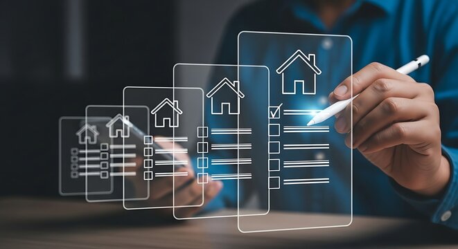 Real estate property inspection checklist on virtual screen with house icon