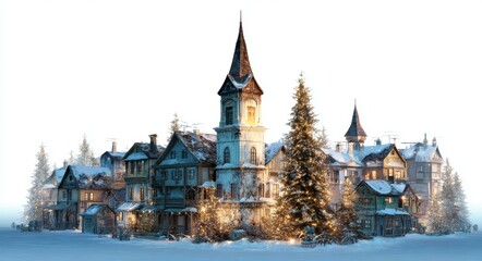 Obraz premium Christmas tree on a snowy town square surrounded by colorful buildings, festive xmas scene