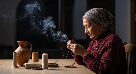 Elderly woman sewing while sitting at a table with pottery and smoke  