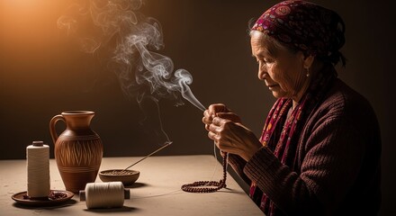 Elderly woman crafting pottery while holding a brush in studio