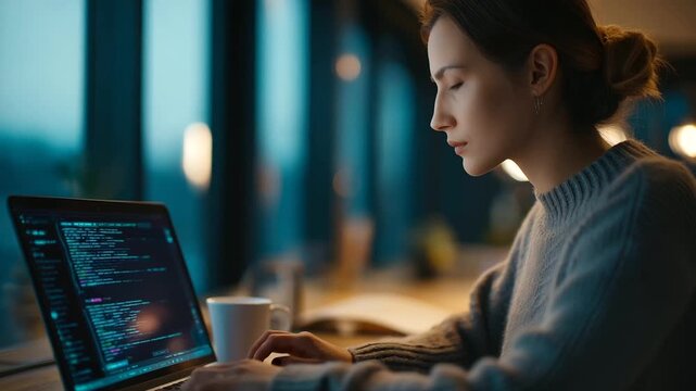 A woman uses an AI chatbot on her computer to solve tasks the screen displaying smart algorithms her desk with a planner and a coffee mug soft light through a window AI problem