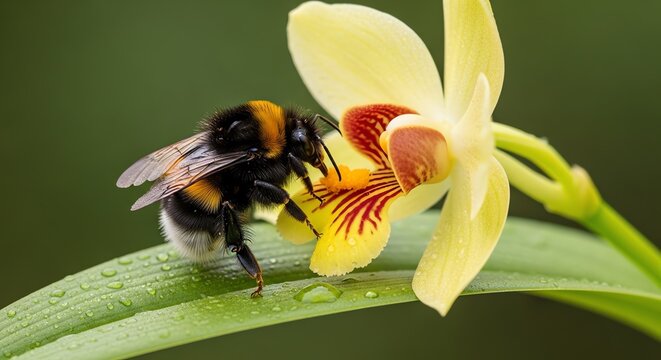 Bumblebee collecting nectar from yellow orchid flower in garden  