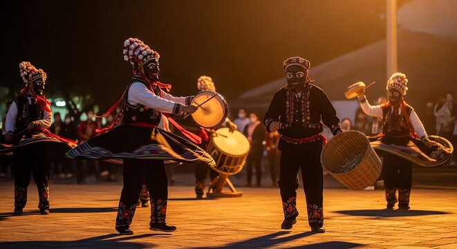 Traditional dancers performing with drums during evening celebration  