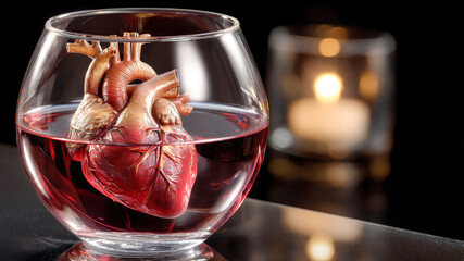 Artistic display of a heart submerged in a glass bowl filled with red liquid, illuminated by a soft candlelight glow