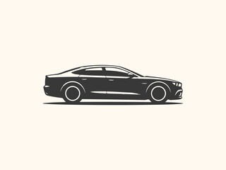 Obraz premium A sleek, modern black sedan car silhouette, viewed from the side, isolated on a light cream background, representing automotive design and luxury