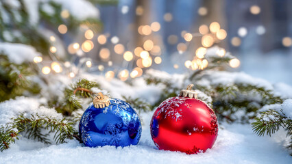 Festive holiday decorations adorn a winter landscape with shimmering ornaments resting on a blanket of fresh snow surrounded by green pine branches and sparkling lights