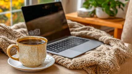 Cozy workspace with steaming coffee and laptop in a sunlit room filled with greenery and soft textures during a peaceful afternoon