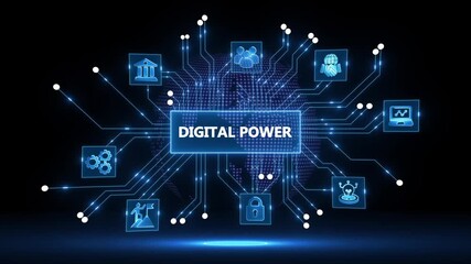 Digital power network connecting global finance technology innovation teamwork security success and data analysis on a futuristic circuit board background with glowing nodes and - Powered by Adobe