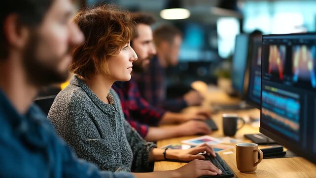 A team of expert editors in a vibrant video production agency huddles around dual monitors tweaking color grading sliders and stitching a montage coffee mugs and storyboards scat