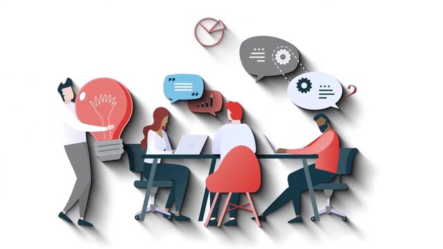 Business team discussing creative ideas with data and technology elements in animated meeting scene