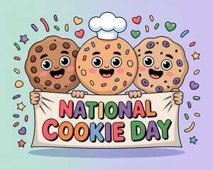 Cartoon cookies holding national cookie day banner isolated on white background