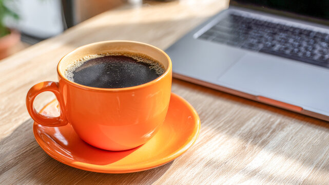 Warm cup of coffee sits on wooden table next to laptop in cozy cafe during morning light, perfect spot for work or relaxation while enjoying a refreshing drink