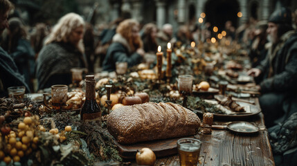 Celebration of Slavic folk culture with a communal feast in a vibrant village setting during a seasonal festival