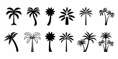 Collection of diverse black palm tree silhouettes on a white background representing different tropical and exotic styles