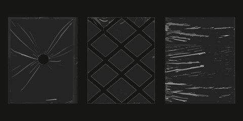 Three abstract dark textured backgrounds with different patterns and effects including cracks diamonds and scratches